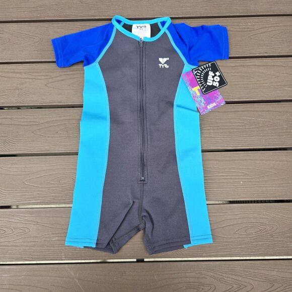 TYR Boys Girls Solid Thermal Swim Suit Zip up Blue Grey Size 2T New - Picture 1 of 4